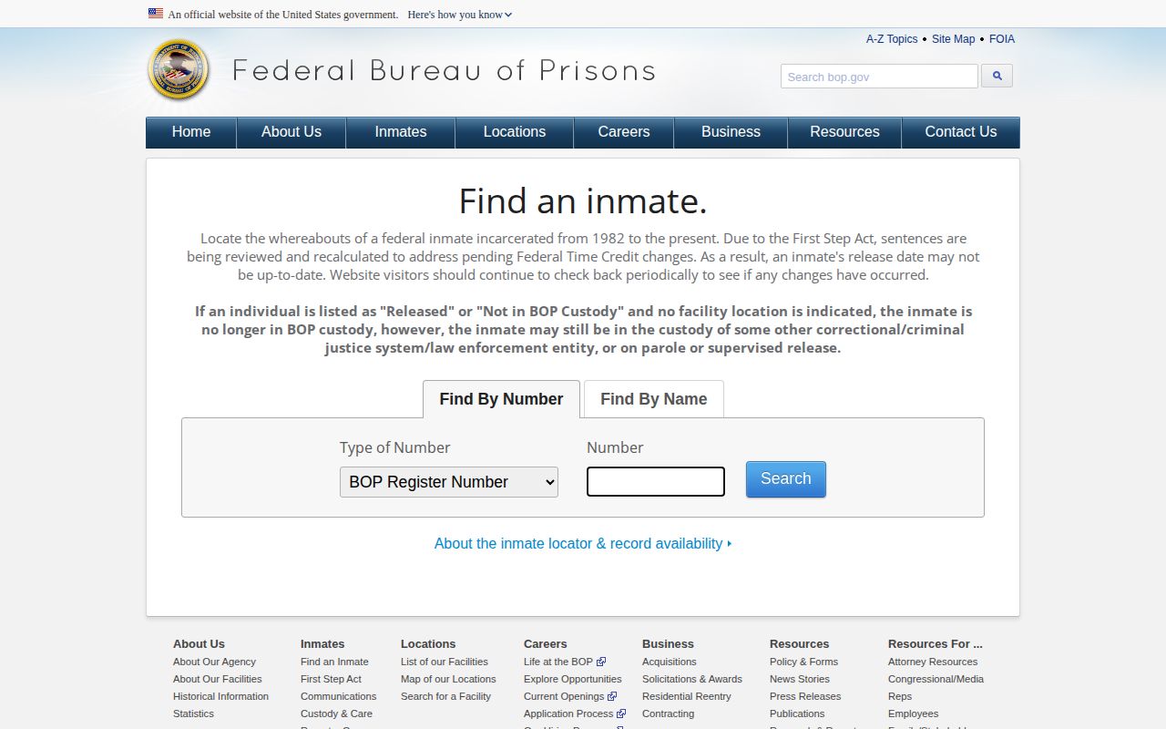 Baltimore City federal released inmate BOP locator form