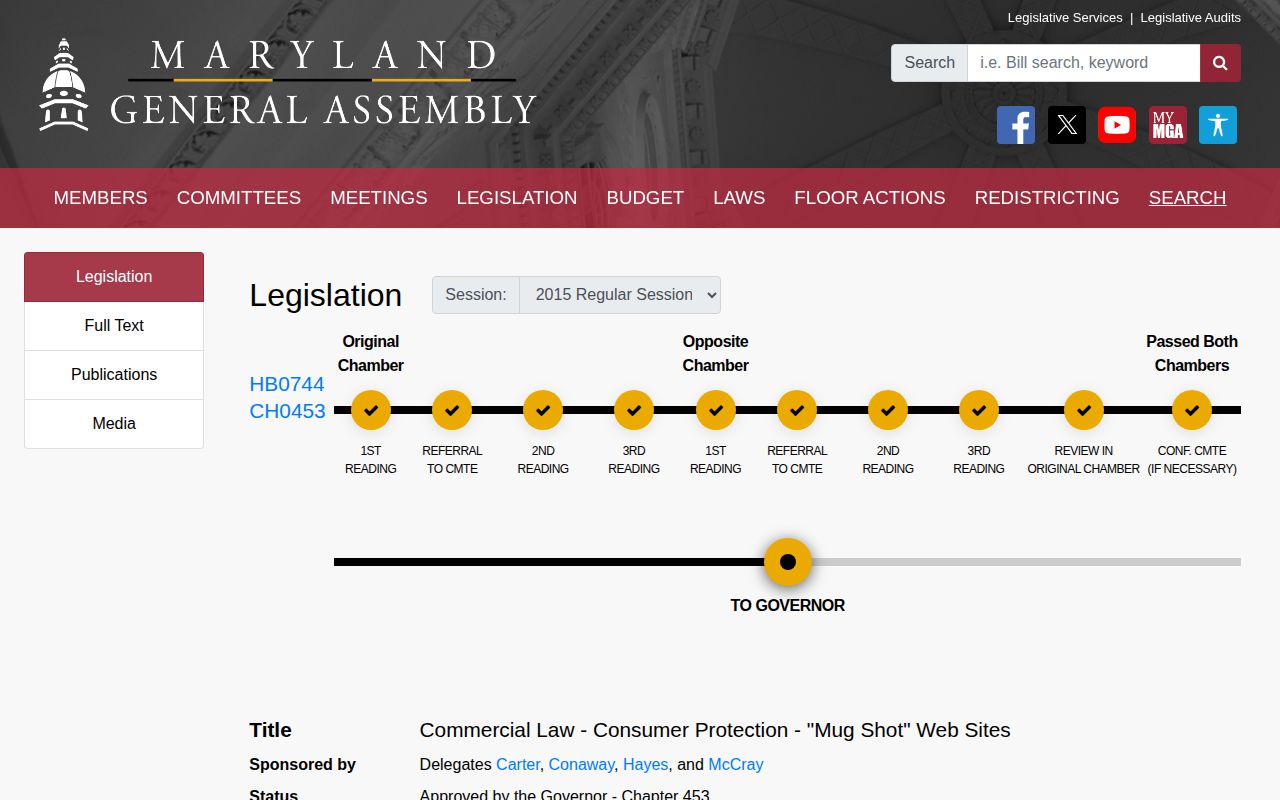 Maryland legislative record for Baltimore City released mugshot removal law
